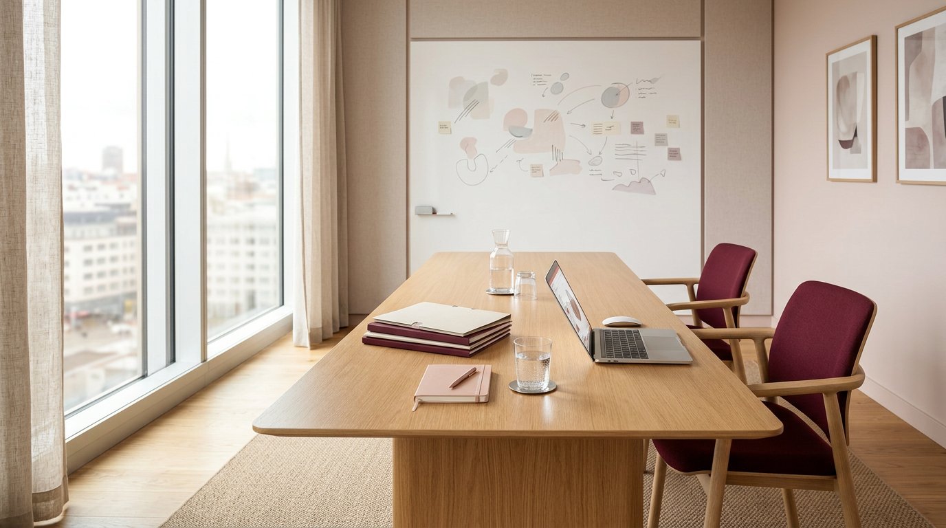 Zakelijke gespreksruimte met houten tafel, bordeaux stoelen en laptop: bespreek voorwaarden voordat je tekent