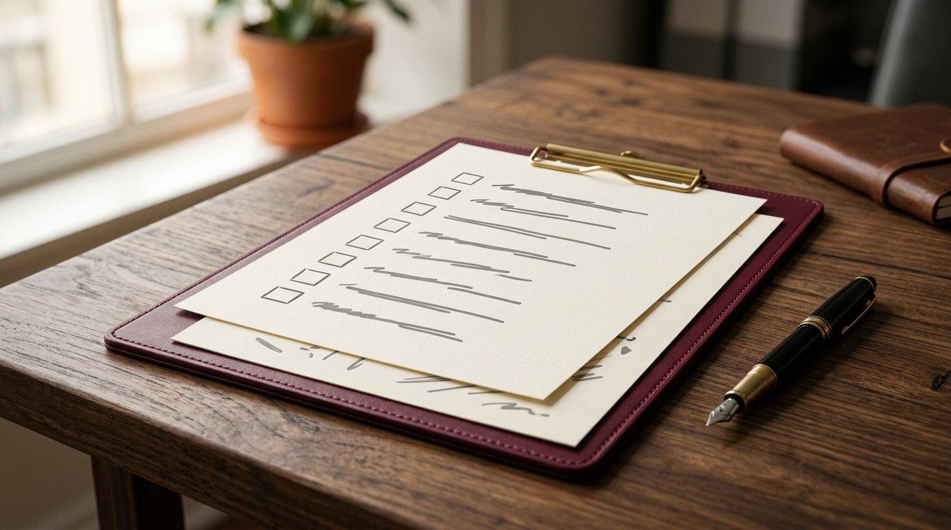 Klembord met checklist en pen naast een contract: controleer elk punt voordat je tekent