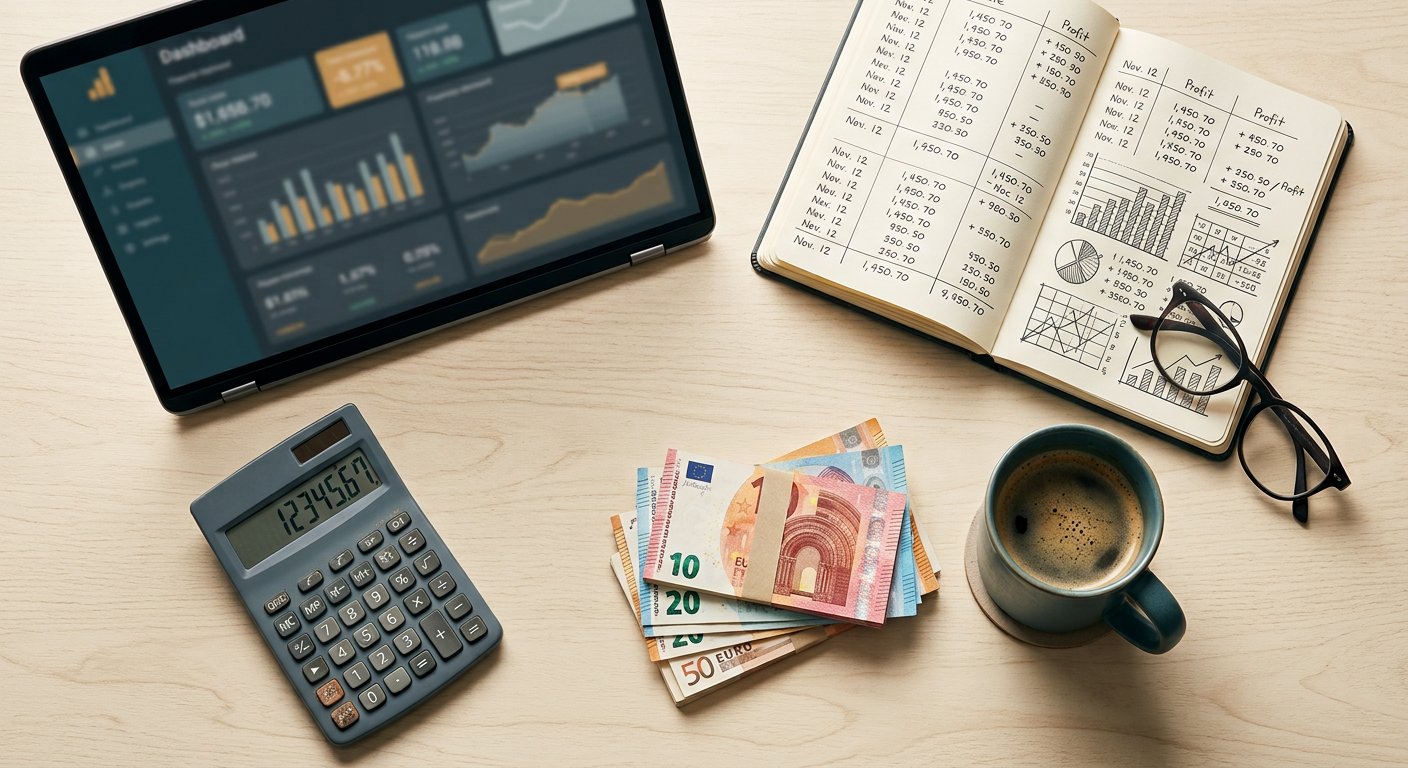 Werkbureau met laptop, rekenmachine, administratie en eurobiljetten: omzet is geen inkomen